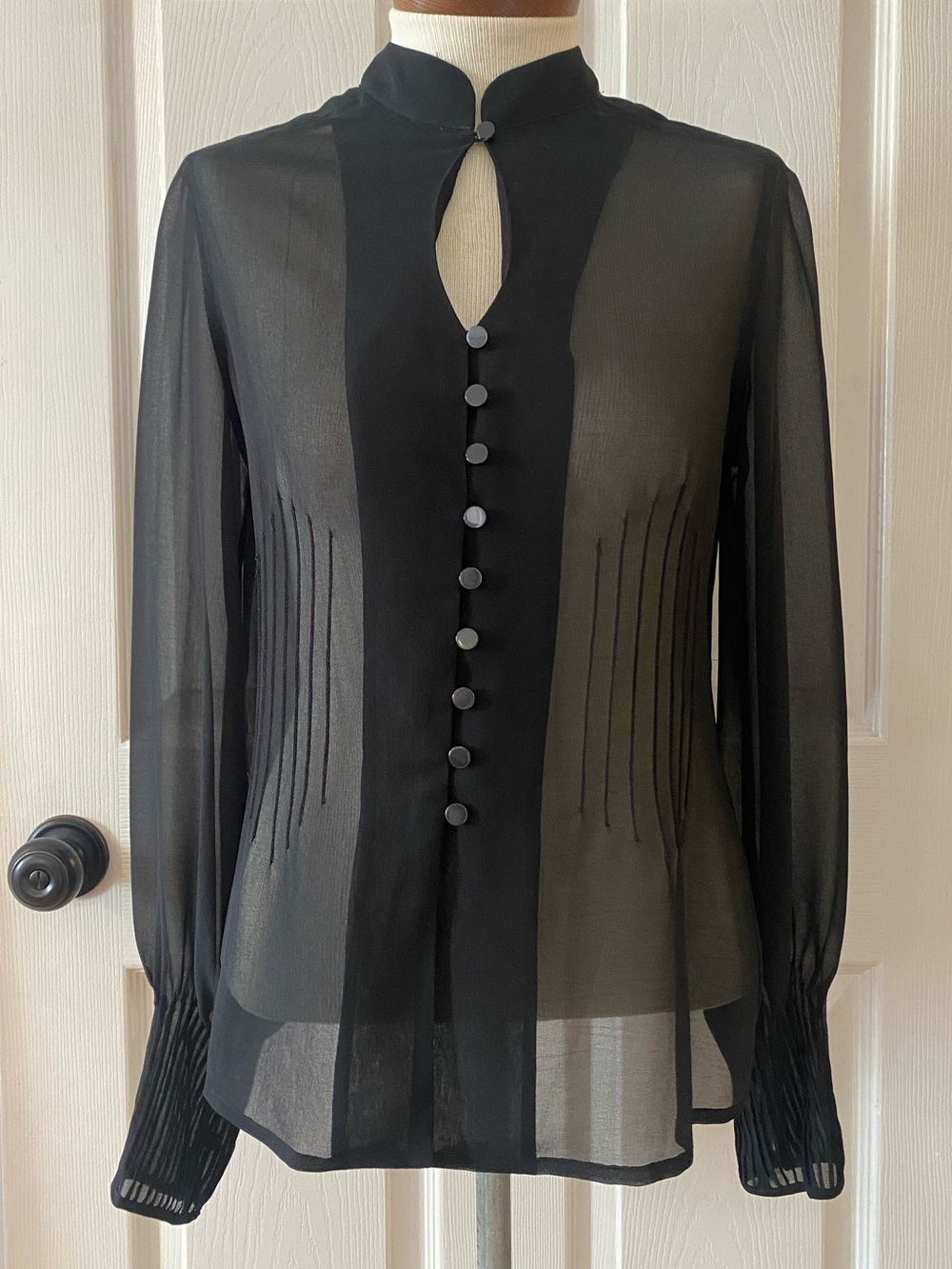 Isaac Mizrahi Black Sheer Mandarin-Collar Button Blouse